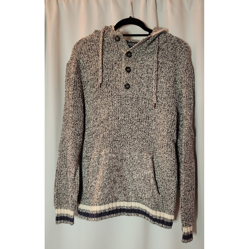 American Eagle Mens Marled Knit Button Neck Hooded Sweater Small Black White
